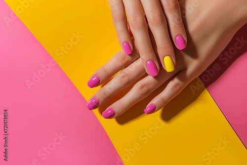 Female hands showcasing pastel stylish trendy manicure against a duotone yellow and pink background