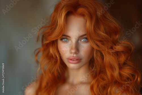 Portrait of young beautiful woman with long red hair, green eyes and freckles as beauty concept. Selective focus