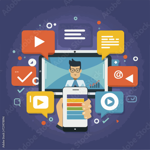 2d vector illustration colorful social media boost , influence blogger E-marketer via Internet pages marketing referral