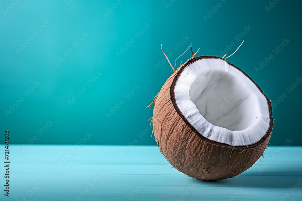 A small coconut on a blue background. A small coconut on a blue background.