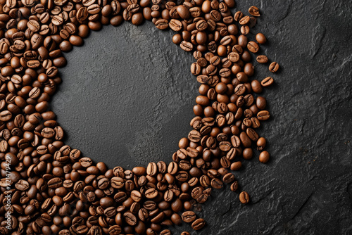 Coffee beans in the shape of a circle. Background with selective focus and copy space