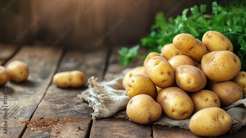 Rustic pile of potatoes on an old wooden table with parsley Rustic pile of potatoes on an old wooden table with parsley