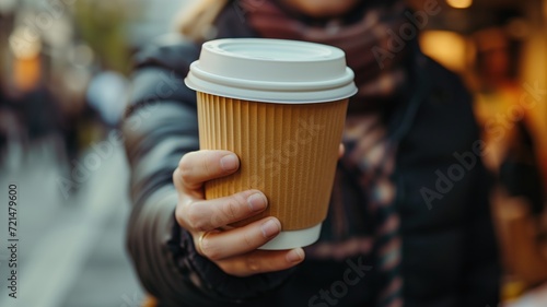 Hand holding a paper coffee cup with a bustling city street in the background