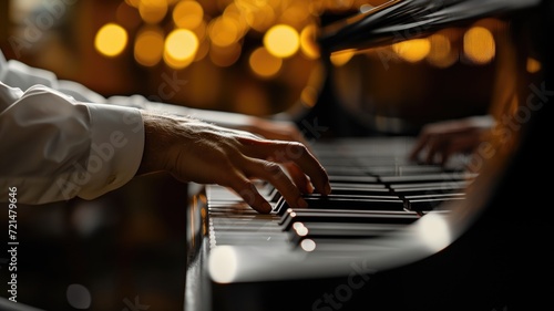 Man's hands on piano keys in warm ambient light with bokeh
