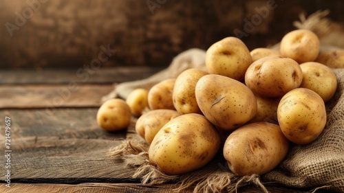 Organic potatoes piled on rustic wooden background