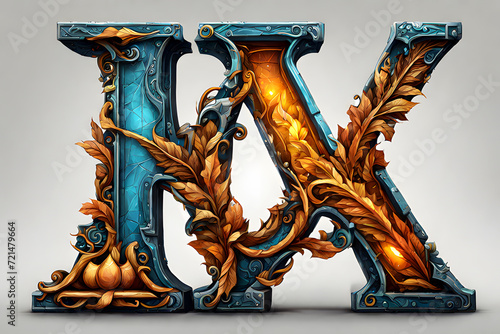 3d medieval and nouveau style alphabet letter collection, letter KX with flowers and leaves