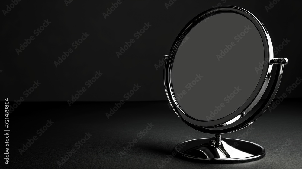Fototapeta premium A classic round vanity mirror standing on a dark, reflective table