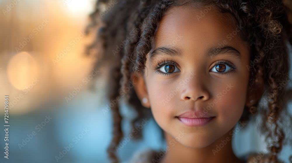Beautiful small black skinned girl with curly hair and big brown eyes. Happy childhood. Natural child beauty concept. Selective focus Beautiful small black skinned girl with curly hair and big brown eyes. Happy childhood. Natural child beauty concept. Selective focus