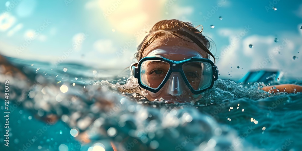Fototapeta premium Swimmer in action, close-up underwater shot. lively, dynamic style, capturing the essence of aquatic sports. ideal for ads and sports content. AI