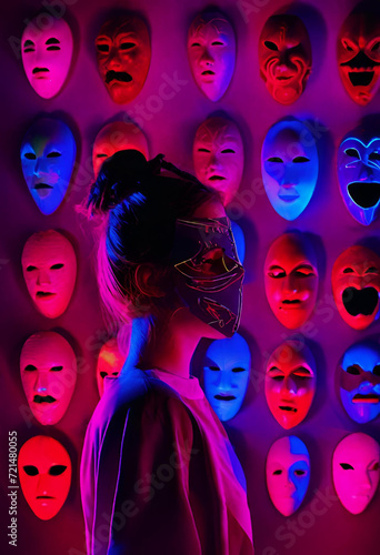 hypocritical, two-faced girl in a mask stands against the background of masks with different faces, generative AI photo