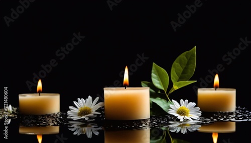 Burning candles with white flowers on a black background. Copy space.