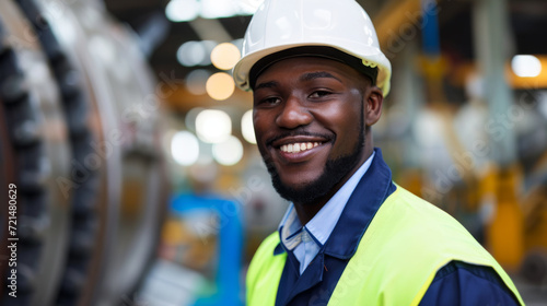 smiling male industrial worker wearing a safety helmet and reflective vest