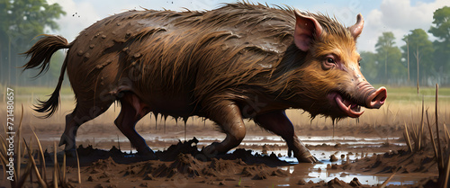 Wild Boar Roaming Through a Muddy Wetland illustration