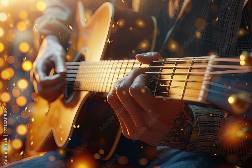 Obraz premium Close-up of man playing guitar dreamy gold bokeh and sparkle.jpeg