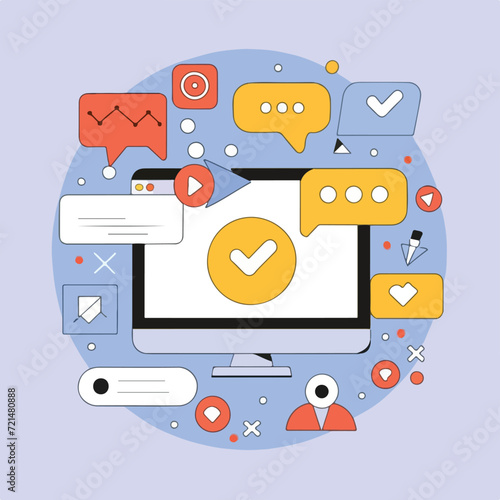 2d vector illustration colorful social media boost , influence blogger E-marketer via Internet pages marketing referral