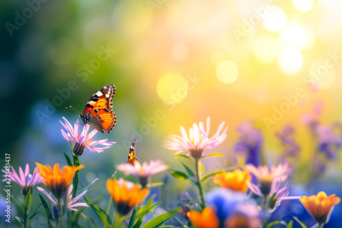 Butterfly on a spring meadow. Background with selective focus and copy space