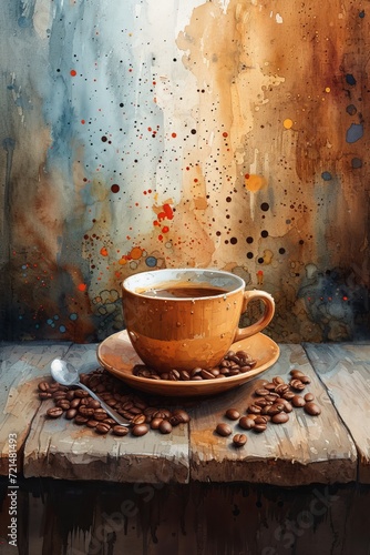 A rustic still life of a weathered ceramic coffee cup resting on a saucer surrounded by scattered coffee beans, evoking feelings of warmth and nostalgia in an indoor setting