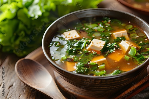 Miso soup with island tofu and sea lettuce.jpeg photo