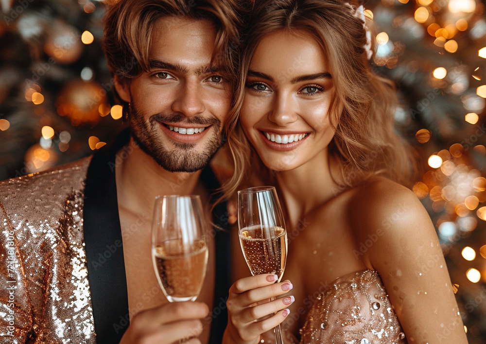 Happy beautiful couple with champagne glass celebrating Christmas or New Year or birthday party on golden bokeh background.Macro.AI Generative