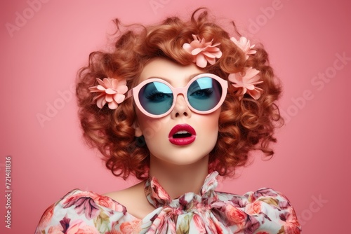 A woman with vibrant red hair, wearing sunglasses and adorned with a flower in her hair.