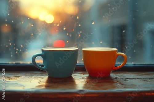A cozy morning scene, with two ceramic cups of coffee resting on a windowsill, providing a warm and comforting touch to the indoor space