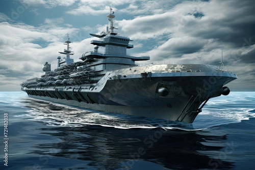 A colossal battleship effortlessly glides atop the expansive body of water under a clear blue sky.