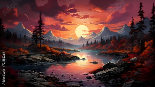 A mesmerizing sunset casting a warm golden glow on a turquoise blue lake  with the mountains bathed in shades of orange and purple. The scene is a masterpiece of nature s artistry