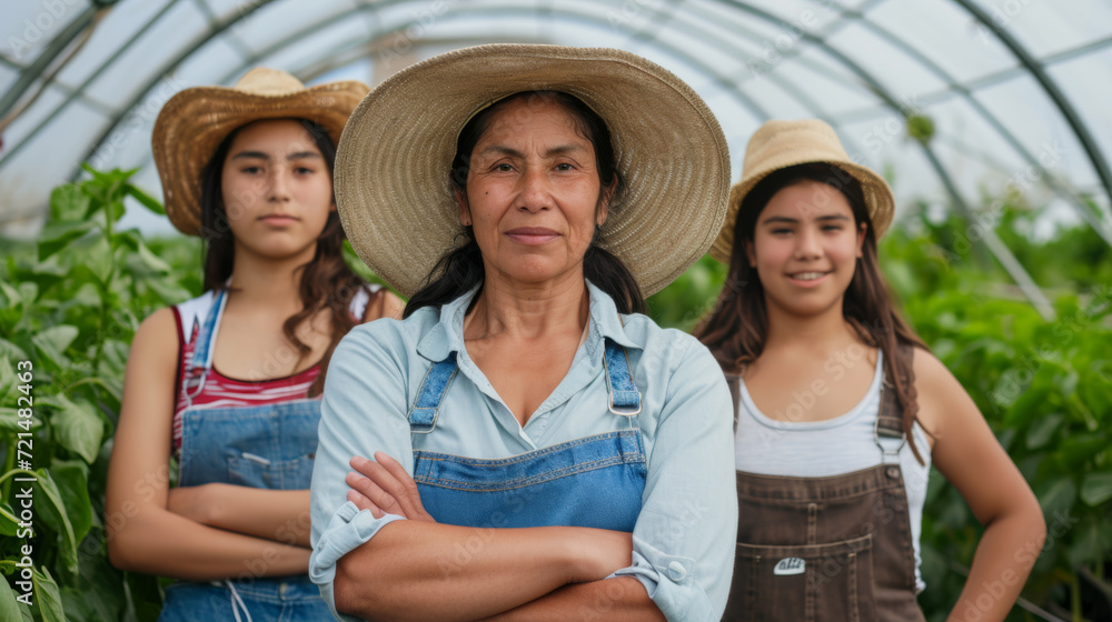 two smiling females wearing straw hats and overalls are standing in a greenhouse full of leafy green plants