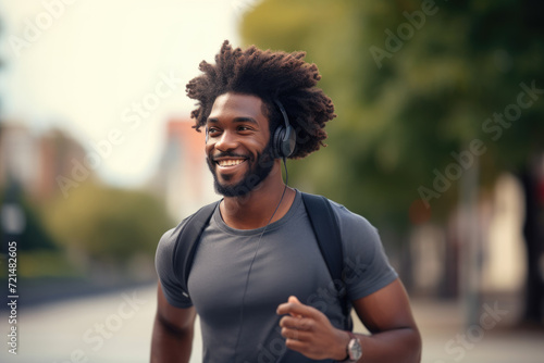 A man wearing headphones runs energetically down a busy urban street, surrounded by buildings and traffic.