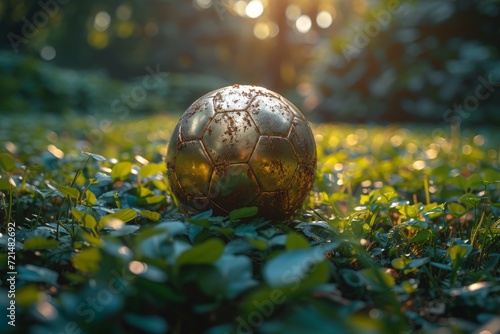 Amidst the vibrant green of a sun-kissed field, a shining golden football rests, waiting to be kicked into the blue sky above
