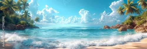 A calm panoramic beach scene with blue waters  sunny skies  and sandy shores.