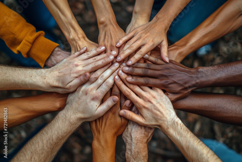 A diverse group of adults showcases teamwork, togetherness, and unity by stacking hands in a circle.