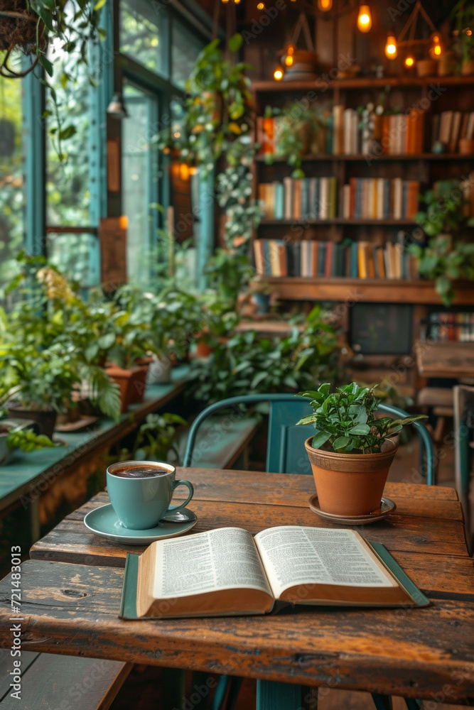 In a cozy rustic cafe, a table with a book and coffee amid plants.