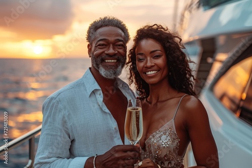 An affectionate African couple on a luxurious yacht, smiling, sipping champagne, with a romantic sunset.
