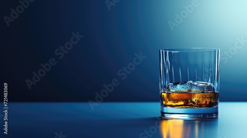 Elegant whiskey glass with ice cubes, against dark blue backdrop