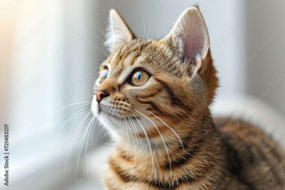 An adorable cat with stripes, sitting by the window, showcasing its curious and playful demeanor.