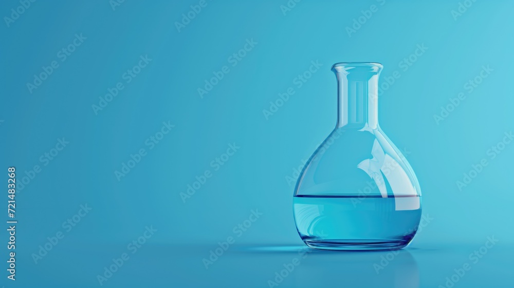 A flask with blue chemical liquid against a bright cyan background A flask with blue chemical liquid against a bright cyan background