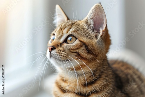 An adorable cat with stripes, sitting by the window, showcasing its curious and playful demeanor.