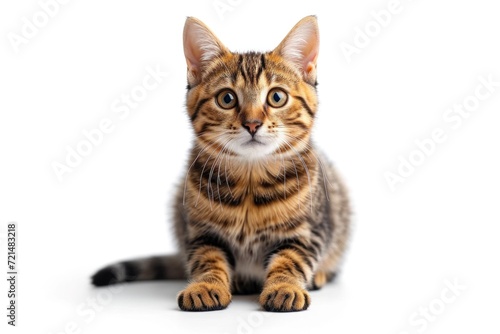 A lovable tabby kitten with a curious look, isolated on a white background in a studio shot. © Iryna