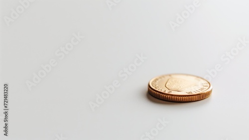 A single, shiny gold coin stands out on a pure white surface