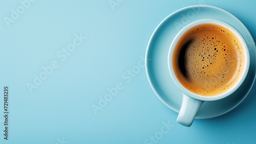 Top view of a freshly brewed coffee in a blue cup  on a blue background