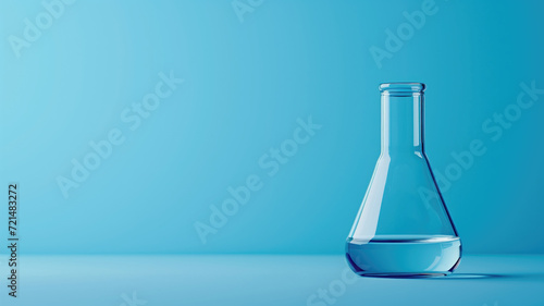 A scientific flask filled with blue liquid on a blue surface