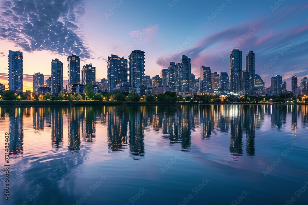 Breathtaking skyline at twilight with reflective waterfront