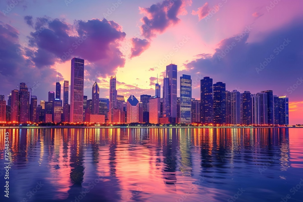 Breathtaking skyline at twilight with reflective waterfront