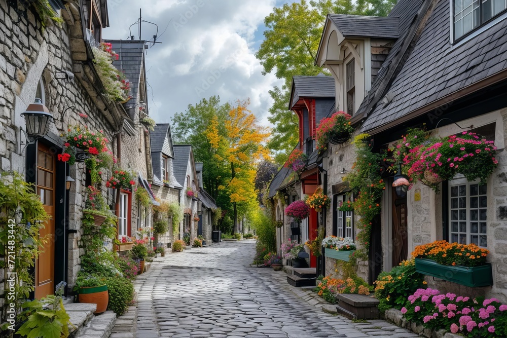 Charming cobblestone village with historic homes and flower boxes