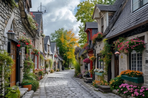 Charming cobblestone village with historic homes and flower boxes © Bijac