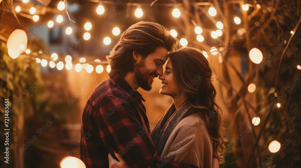 A loving couple dancing under string lights, surrounded by a warm glow, capturing the magic and romance of their connection