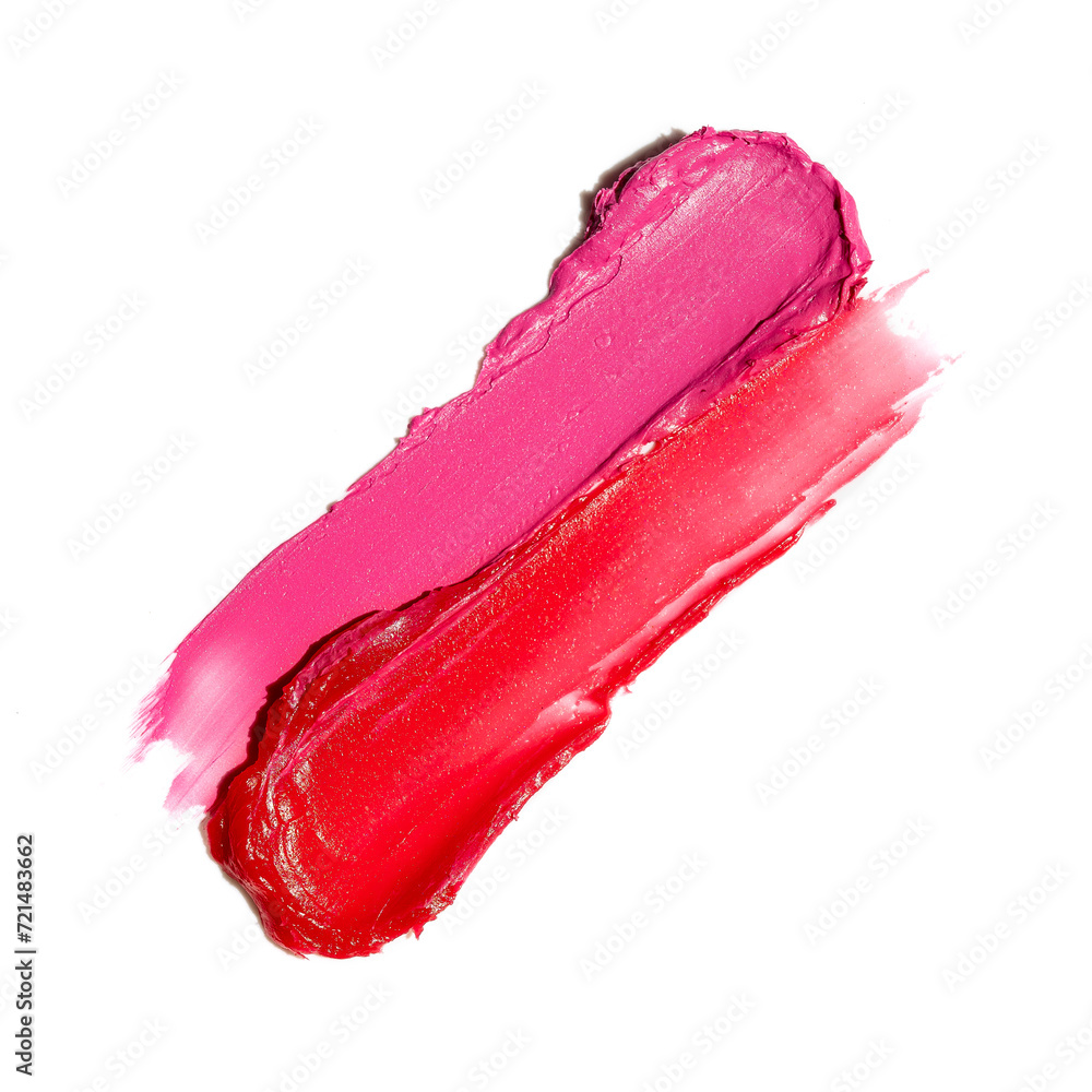 Two swatches of red and pink lipstick on a white background Two swatches of red and pink lipstick on a white background