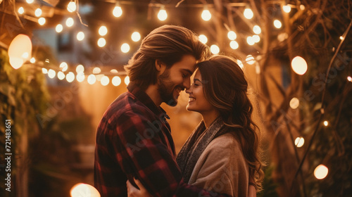 A loving couple dancing under string lights, surrounded by a warm glow, capturing the magic and romance of their connection