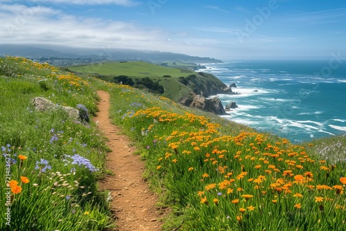 Coastal cliffside hiking path with panoramic ocean views and wildflowers